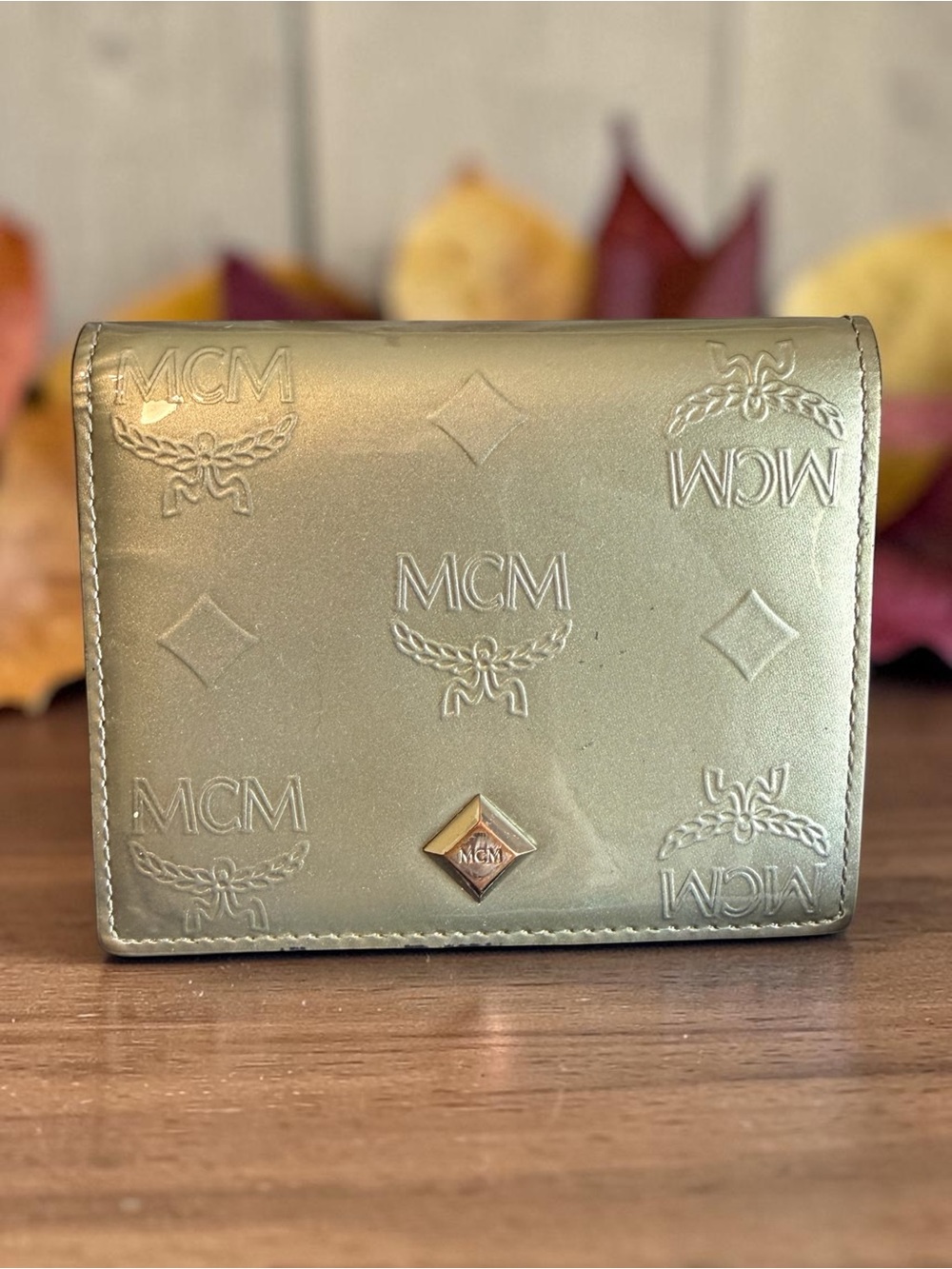 MCM Metallic Silver Patent Leather French Wallet